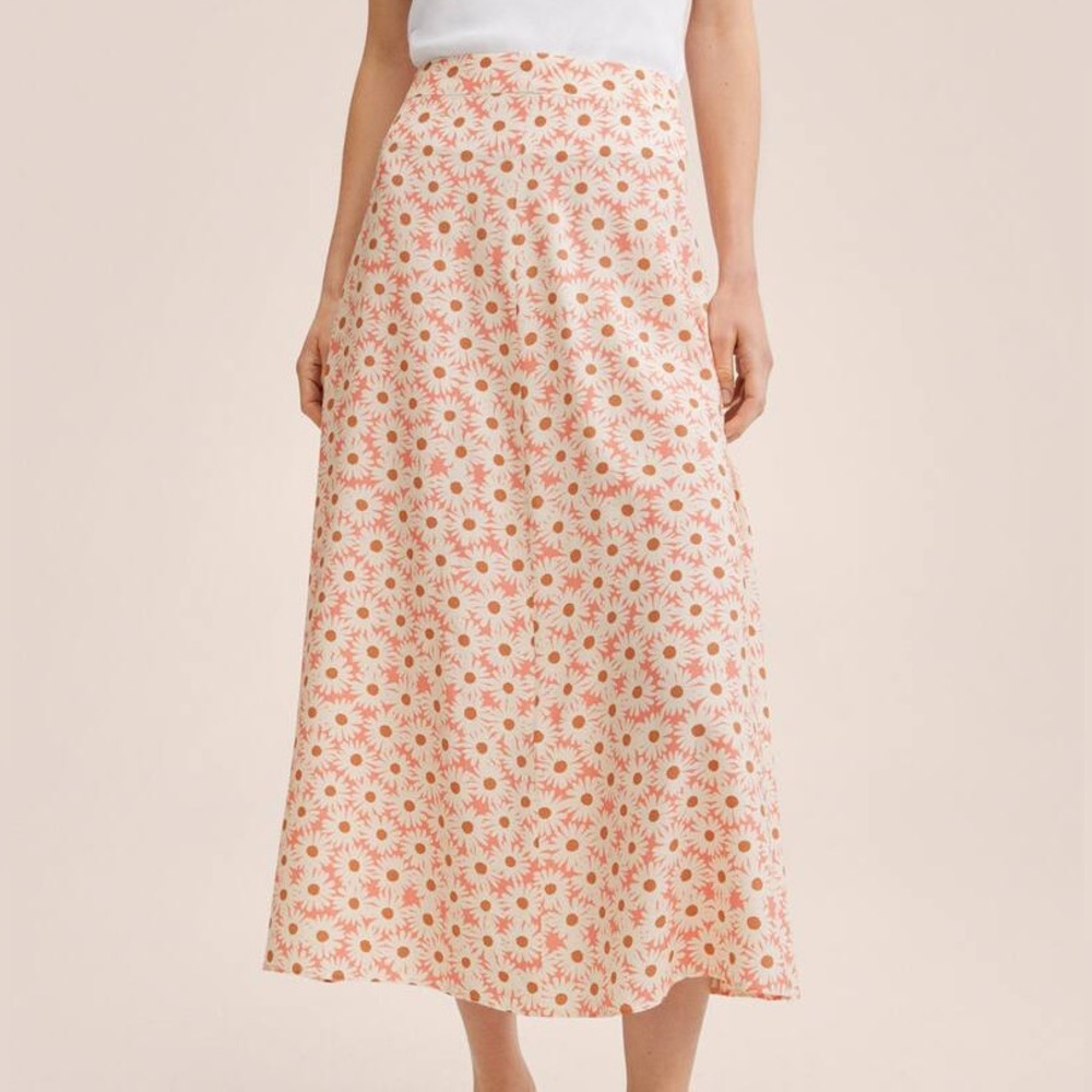 Mango Floral Midi Skirt in Cream and Coral